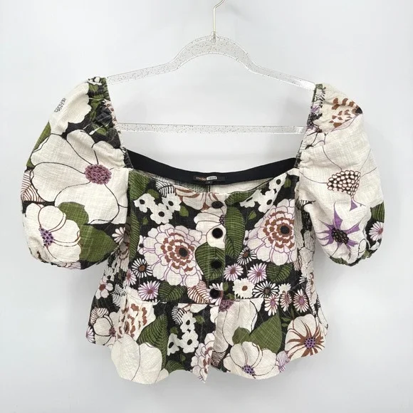Maje Floral Top Puff Sleeve Sz L Boho Milkmaid Fairy Cottage Loflower Peplum - Picture 1 of 12
